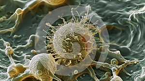 A magnified view of a white cell undergoing phagocytosis with its membrane stretched out to engulf a foreign invader. . photo