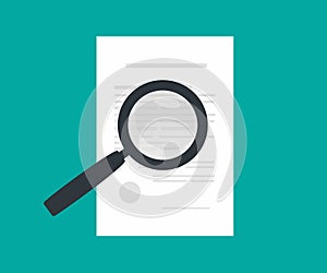 Magnifier assessment checklist, analyzing and gathering statistical logo design. Many business reports and magnifying glass.