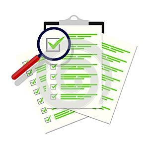 Magnifier assessment checklist icon. Vector flat style symbol.