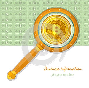 Magnifier on bank notes background vizualization of bit coin. Flat business icon isolated on white photo