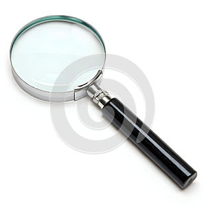 Magnifier with black plastic handle, tool for examination isolated