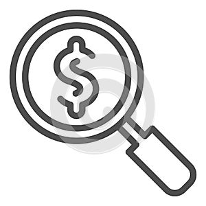 Magnifier with dollar line icon. Research or looking for cash symbol, outline style pictogram on white background. Money