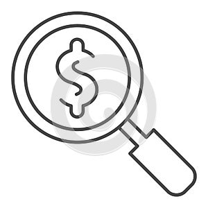 Magnifier with dollar thin line icon. Research or looking for cash symbol, outline style pictogram on white background