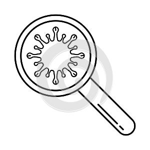 Magnifier with enlarged microbe. Linear icon of virus, bacteria, microorganisms. Black illustration of scientific research,
