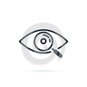 Magnifier with eye outline icon. Find icon, investigate concept symbol. Eye with magnifying glass. Appearance, aspect.