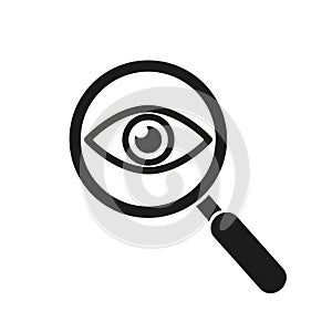 Magnifier with eye outline icon. Find icon, investigate concept symbol. Eye with magnifying glass. Appearance, aspect, look, view