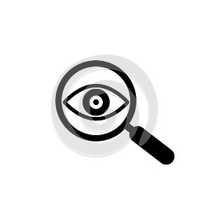 Magnifier with eye outline icon. Find icon, investigate concept symbol. Eye with magnifying glass. Appearance, aspect, look, view