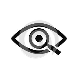 Magnifier with eye outline icon. Find icon, investigate concept symbol. Eye with magnifying glass. Appearance, aspect, look, view.