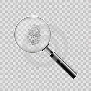 Magnifier with finger print on transparent background. Vector.