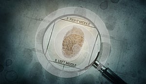 Magnifier and fingerprint police form. Background on the theme of crime, police, fbi, detective, investigation, consequent photo
