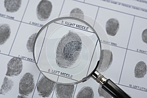 Magnifier and fingerprint police form. Background on the theme of crime, police, fbi, detective, investigation, consequent