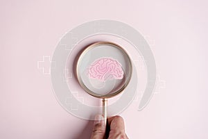 Magnifier focus to human brain icon, idea creative intelligence