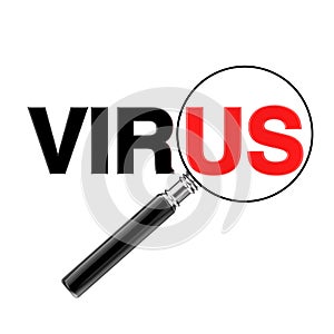 Magnifier Glass Focused on Red Us Sign in Virus Word. 3d Rendering