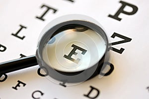 Magnifier glass focuses eye chart letters clearly and lies on eye test chart paper