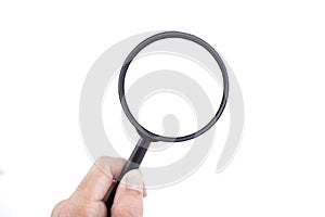 Magnifier glass in man hand isolated on white background