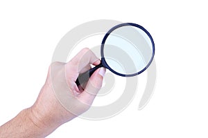 Magnifier glass in man hand isolated on white background