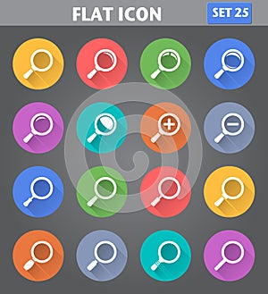 Magnifier Glass and Zoom Icons set in flat style with long shadows.