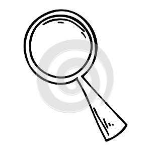 Magnifier hand drawn vector doodle illustration. Cartoon magnifying glass. Isolated on white background. Hand drawn