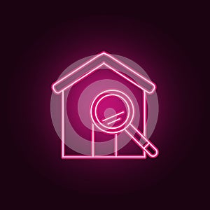Magnifier house neon icon. Elements of Real Estate set. Simple icon for websites, web design, mobile app, info graphics