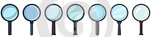 Magnifier icon. Set of various magnifying glasses. Search icon