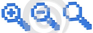 Magnifier icons of 3D pixel art for design project