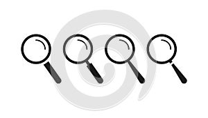 Magnifier icons set. Search loupe lens. Isolated zoom tool. Magnifying glass inspect instrument. Optical explore transparent lupe