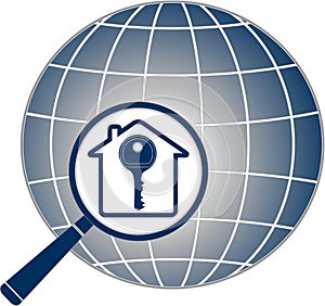 Magnifier with key, house and planet silhouette