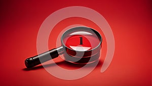 Magnifier magnifying exclamation mark on red background Alert and precaution photo