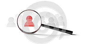 Magnifier or magnifying glass looking at person icon on white background, business human resources or employee search concept