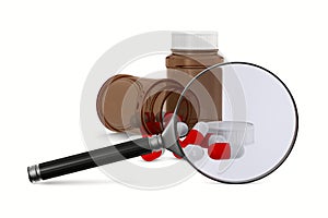 Magnifier and medecine on white background