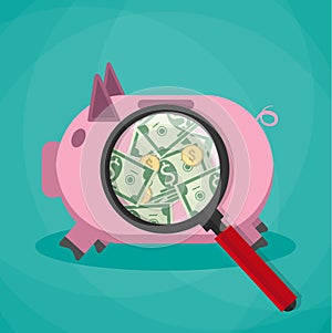 Magnifier on a pink piggy bank and see money cash dollars gold coins, vector illustration in flat design green