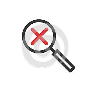 Magnifier with red cross vector icon line outline art, magnifying glass with dismiss sign isolated clipart