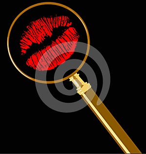 Magnifier and red lips imprint