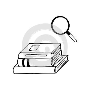 Magnifier and stack of books hand drawn in doodle style. , scandinavian, monochrome. concept for design sticker, icon, card,