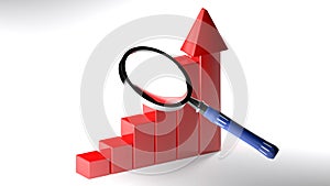 Magnifier on up-trend bar graph - 3D rendering