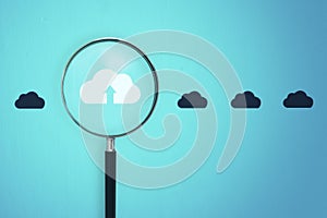 Magnifier zooming in on cloud icon on background. Cloud computing concept. 3D Rendering
