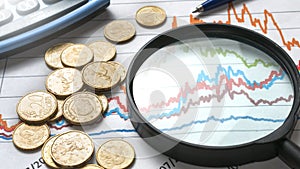 A magnifiyng glass over a financial graph with some euro coins, a pen and a calculator