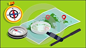 Magnify glass, compass to find a world map