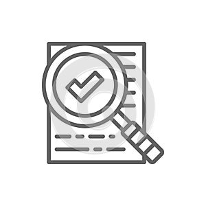 Magnify glass with contract, approved loan, checklist line icon.