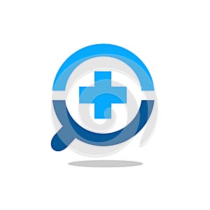Magnify Glass and Cross Logo Symbol, Positive or Medical Symbol With Magnifying Glass Icon