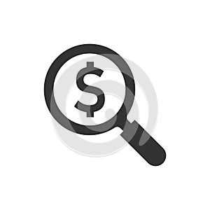 Magnify glass with dollar sign icon in flat style. Loupe, money