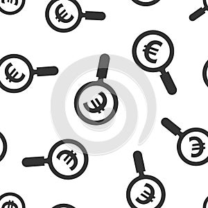 Magnify glass with euro icon seamless pattern background. Loupe, money vector illustration. Search bill symbol pattern