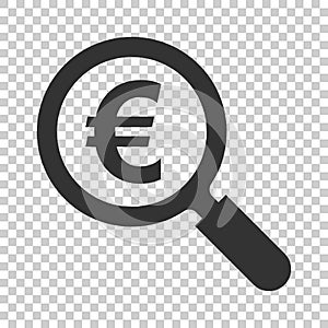 Magnify glass with euro sign icon in flat style. Loupe, money vector illustration on isolated background. Search bill business co