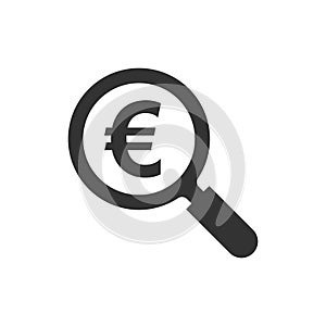 Magnify glass with euro sign icon in flat style. Loupe, money vector illustration on white isolated background. Search bill