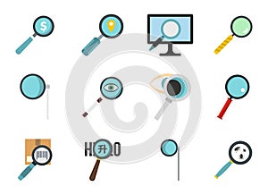 Magnify glass icon set, flat style