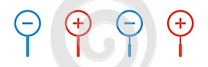 Magnify glass icon set. Vector magnifying plus and minus icons