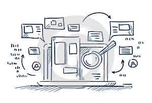 Magnify glass search information on laptop internet browsing concept on white background sketch doodle