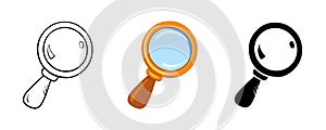 Magnify glass set in cartoon style, hand drawn sketch. Search symbol icon, vector illustration. Isolated elements on a