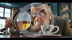 A magnifying gl holding a mug of tea trying to decipher a cryptic clue while his colleagues jealously eye his break time