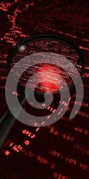 Magnifying glass analyzing red digital code cybersecurity error
